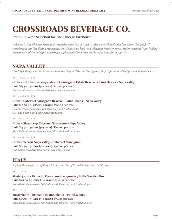A premium wine price list