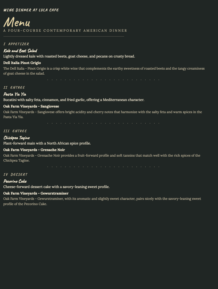 A four-course wine dinner menu
